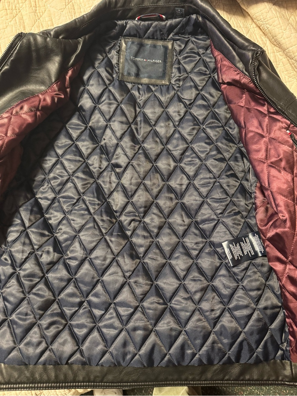 Tommy Hilfiger Black Leather Bomber Jacket with Quilted Navy Lining - Picture 5 of 9